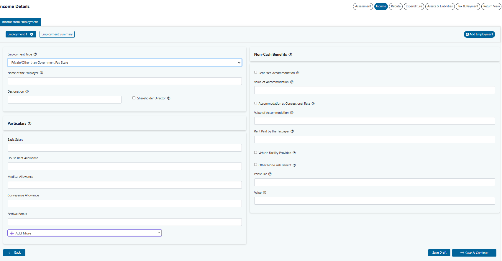 e-Return Private or Other than Government Pay Scale form with non-cash benefit fields